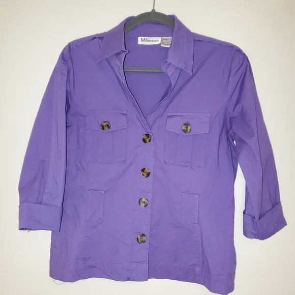 Millenium Purple 3/4 Cuffed Sleeve Button-Up Utility Top - Size L - Picture 7 of 7